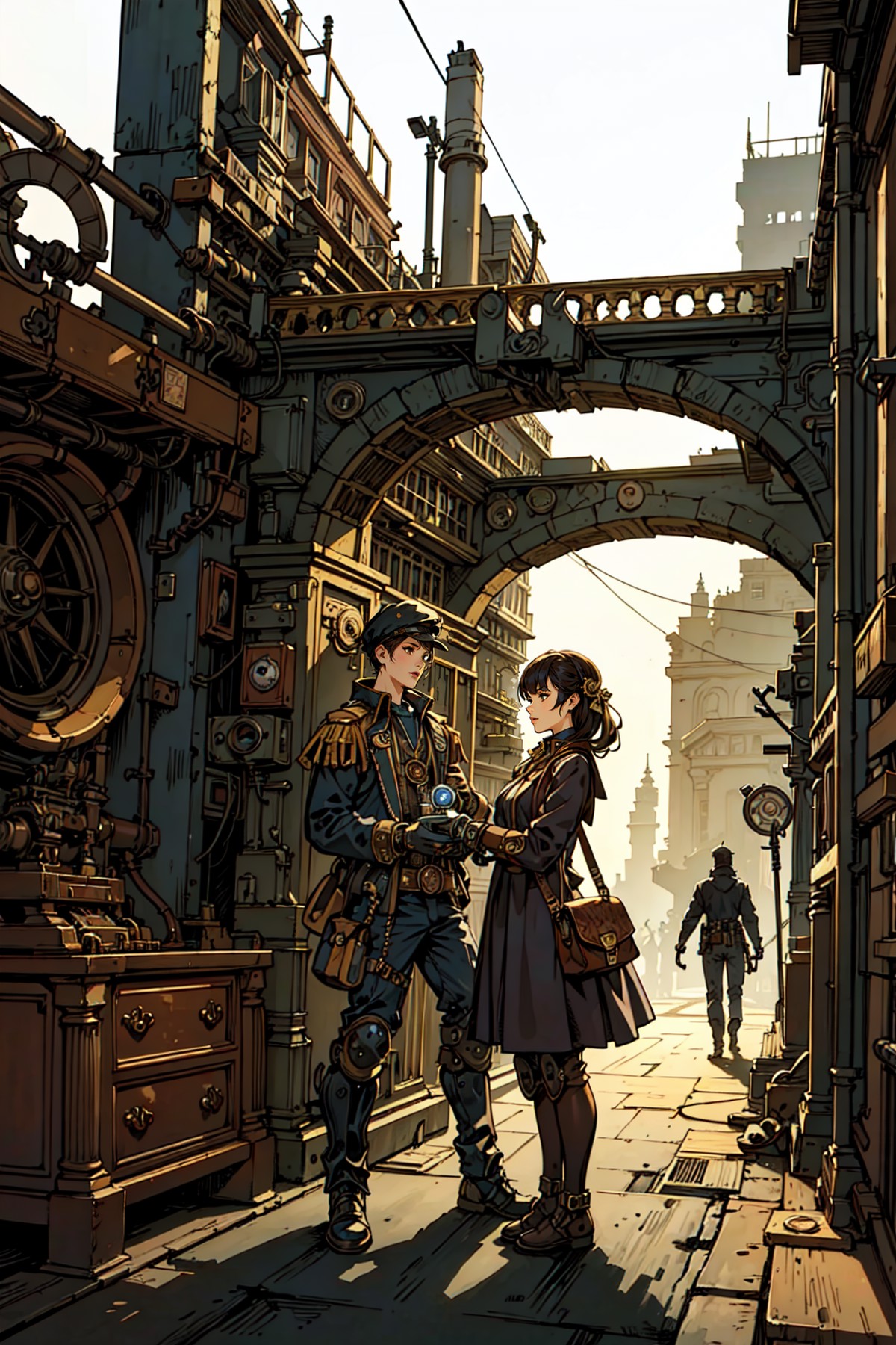 (masterpiece),(best quality:1.6), (ultra-detailed),girl with man,mechanical scape, steampunk ,detailed background,